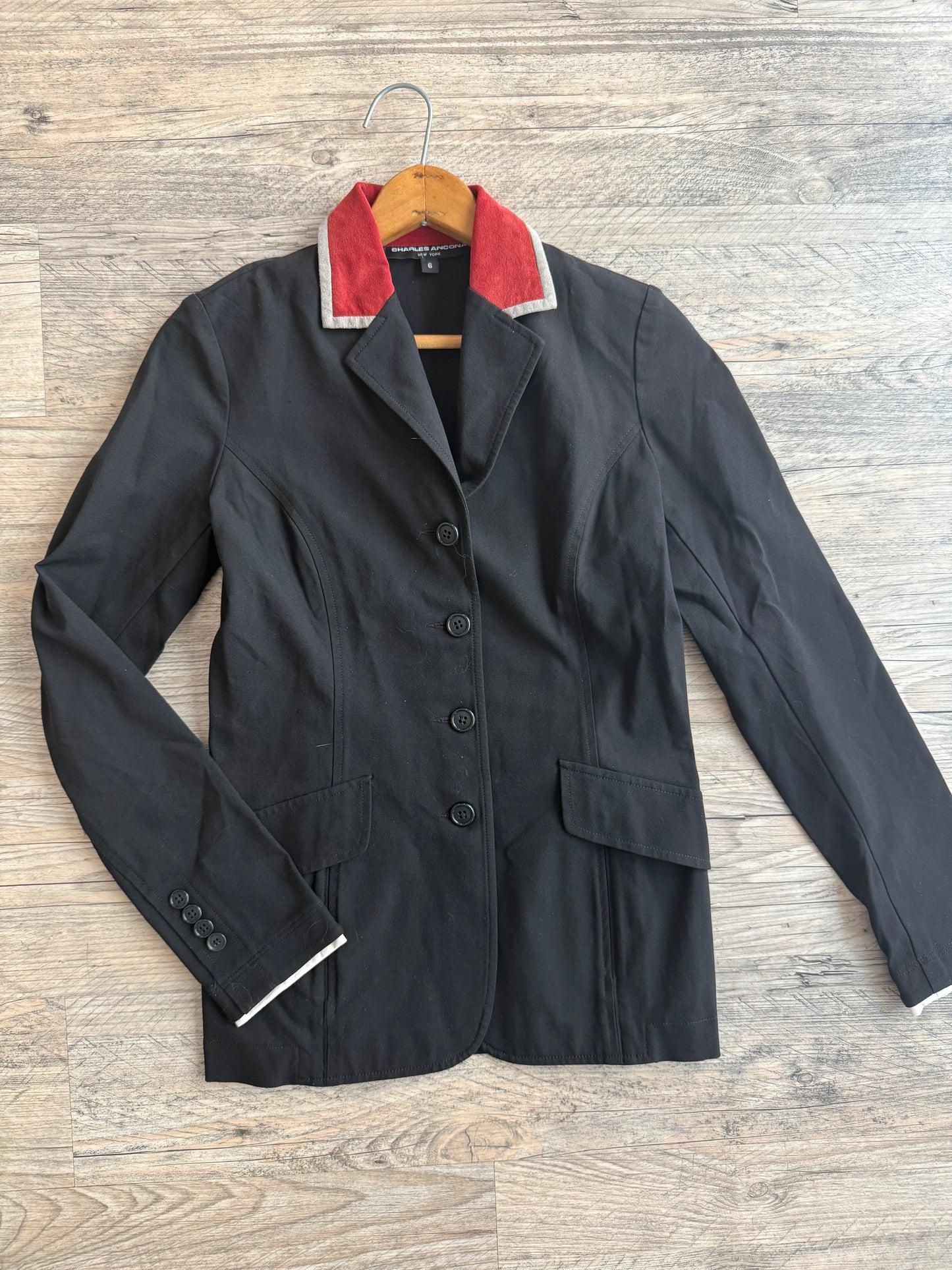 Charles Ancona Show Coat size 6 Black with Maroon/Gray collar