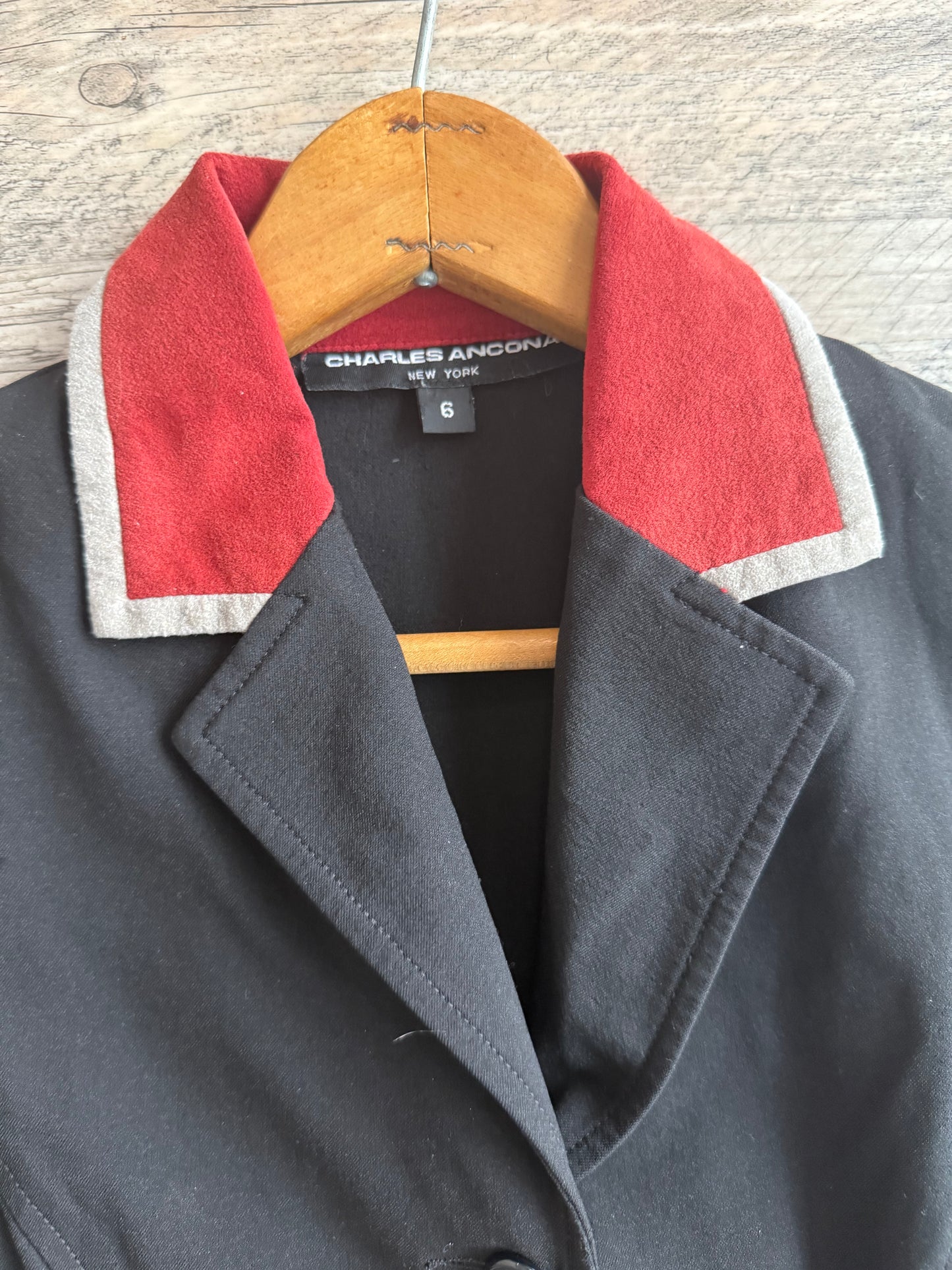 Charles Ancona Show Coat size 6 Black with Maroon/Gray collar